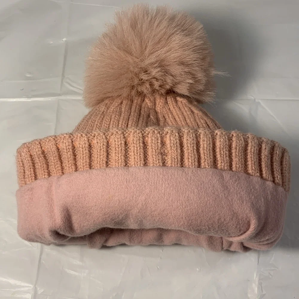 Kids Cute Kitten Blush Pink 3 D Knit Pom Pom Winter Beanie
